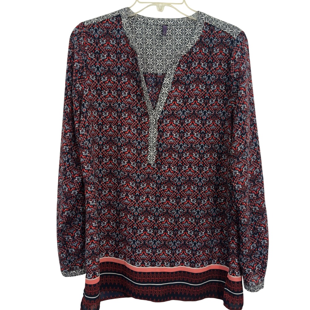 NYDJ Tunic Blouse Boho Navy Red Floral Medallion V-Neck Long Sleeve S